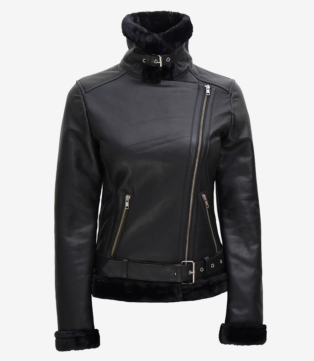 Women's Black Asymmetrical Shearling Leather Jacket