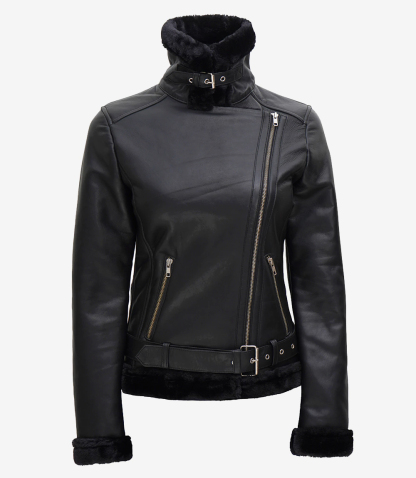 Women's Black Asymmetrical Shearling Leather Jacket