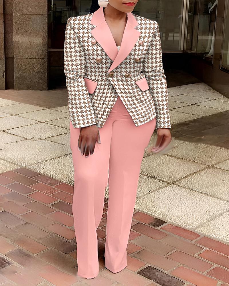 Plus Size Houndstooth Print Double Breasted Blazer Coat & Pants Set