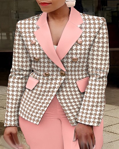 Plus Size Houndstooth Print Double Breasted Blazer Coat & Pants Set