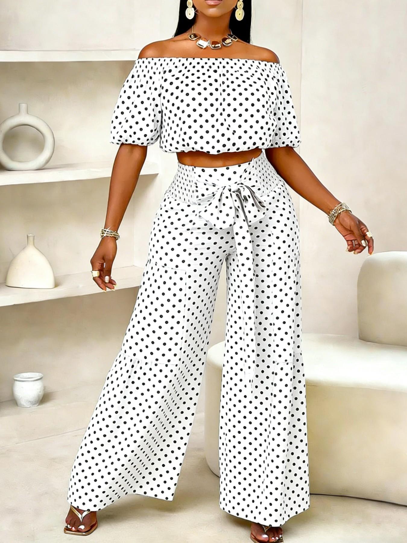Women's Spring Summer Polka Dot Casual Chic Vacation Two-Piece Set, Off-Shoulder Short Top + High-Waisted Wide Leg Pants, Fitted Clothing Set