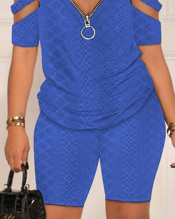 Eyelet Embroidery Cold Shoulder Top & Shorts Set