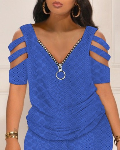 Eyelet Embroidery Cold Shoulder Top & Shorts Set