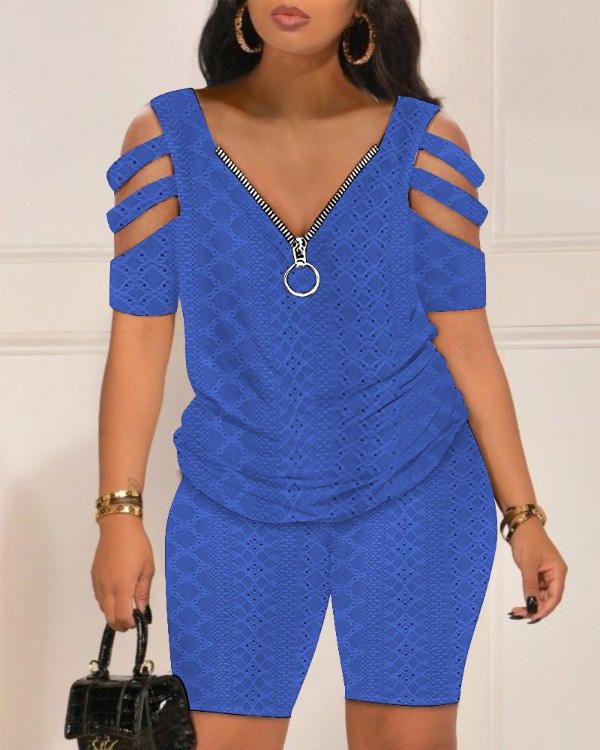 Eyelet Embroidery Cold Shoulder Top & Shorts Set