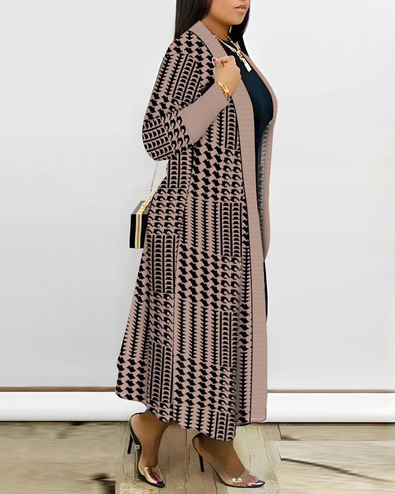 Plus Size Geometric Houndstooth Print Longline Coat