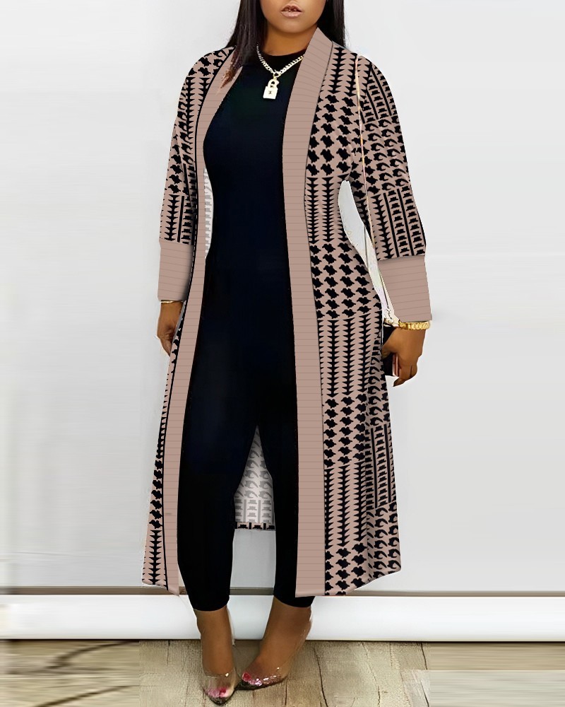 Plus Size Geometric Houndstooth Print Longline Coat