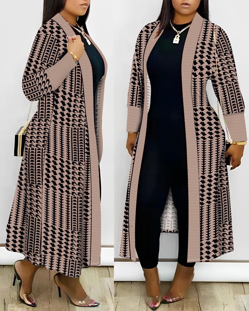 Plus Size Geometric Houndstooth Print Longline Coat