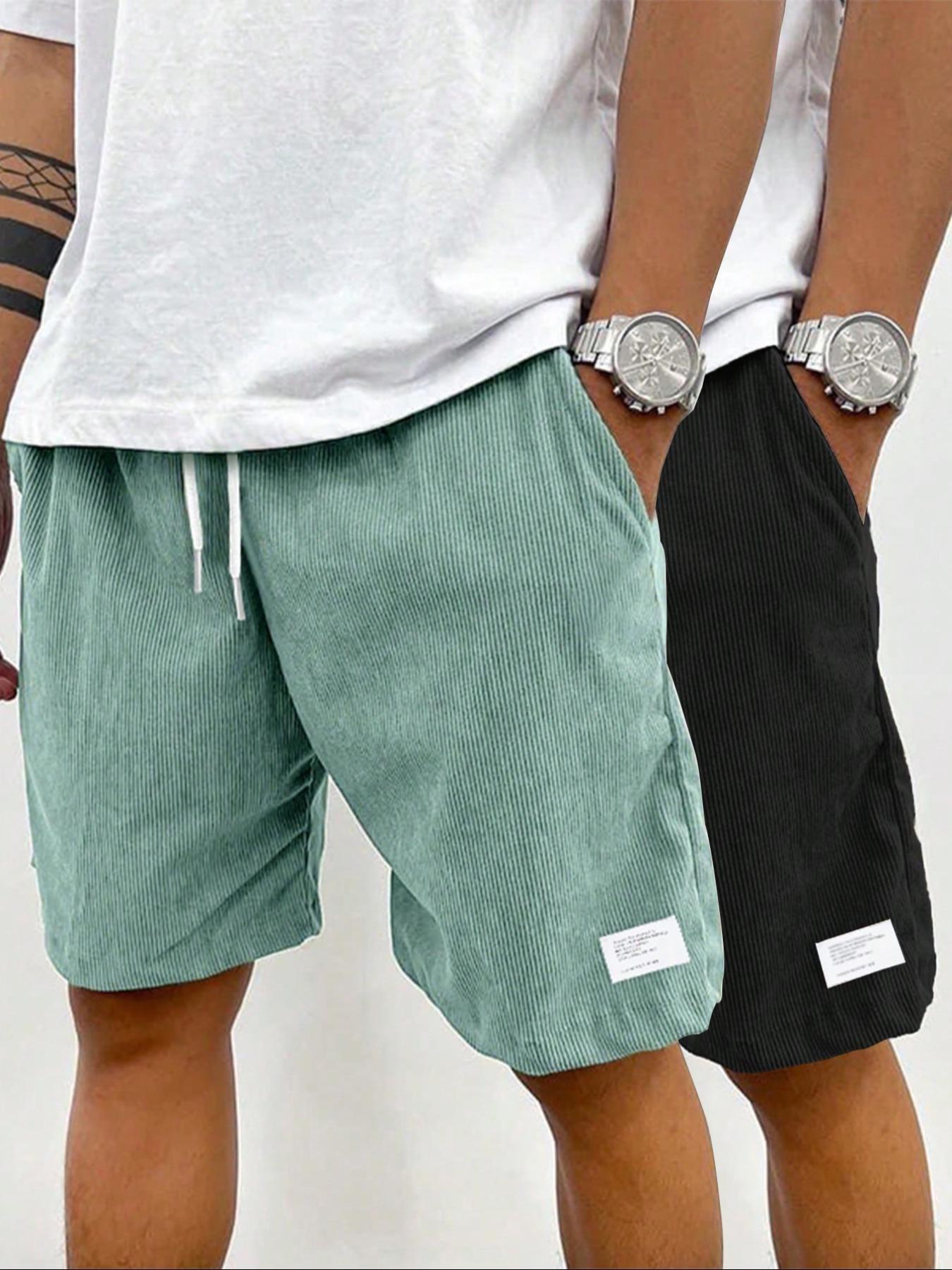 Men's Solid Patched Drawstring Waist Shorts, Regular Fit Casual Pocket Elastic Waist Shorts for Summer, Men's Bottoms for Daily Wear Men's Solid Patched Drawstring Waist Shorts, Regular Fit Casual Pocket Elastic Waist Shorts for Summer, Men's Bottoms for Daily Wear