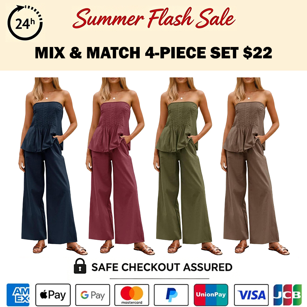 Women's Vacation Strapless Cotton Tube Top & Wide Leg Pleated Pants Matching Set