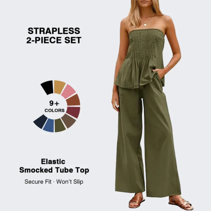 Women's Vacation Strapless Cotton Tube Top & Wide Leg Pleated Pants Matching Set