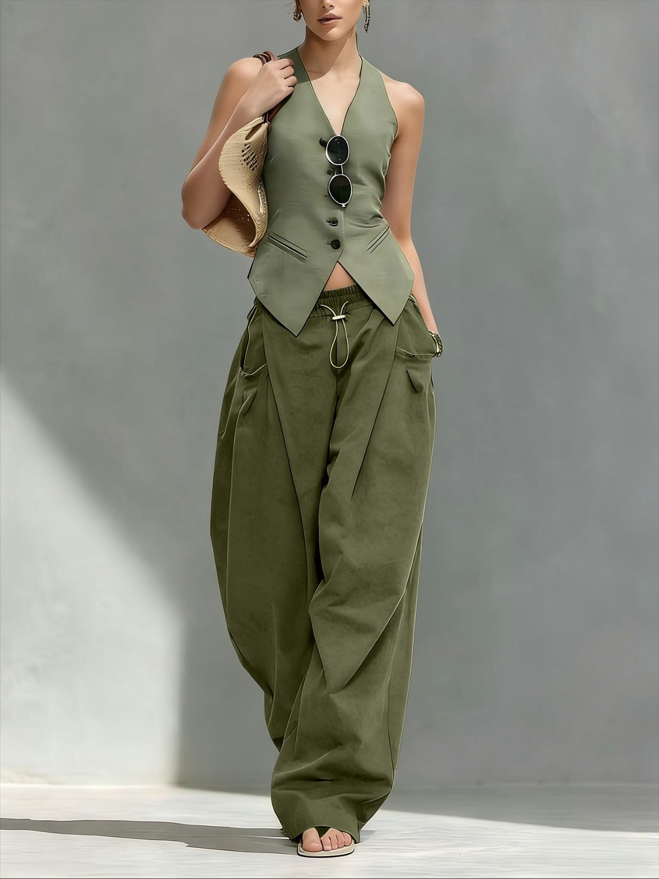 Hiphop Cool Girl Style Pleated Cuffed Lantern Pants, Casual Pocket Trousers, Loose Fit Drape Long Trousers, Casual Women's Fashion for Spring & Fall Hiphop Cool Girl Style Pleated Cuffed Lantern Pants, Casual Pocket Trousers, Loose Fit Drape Long Trousers, Casual Women's Fashion for Spring & Fall