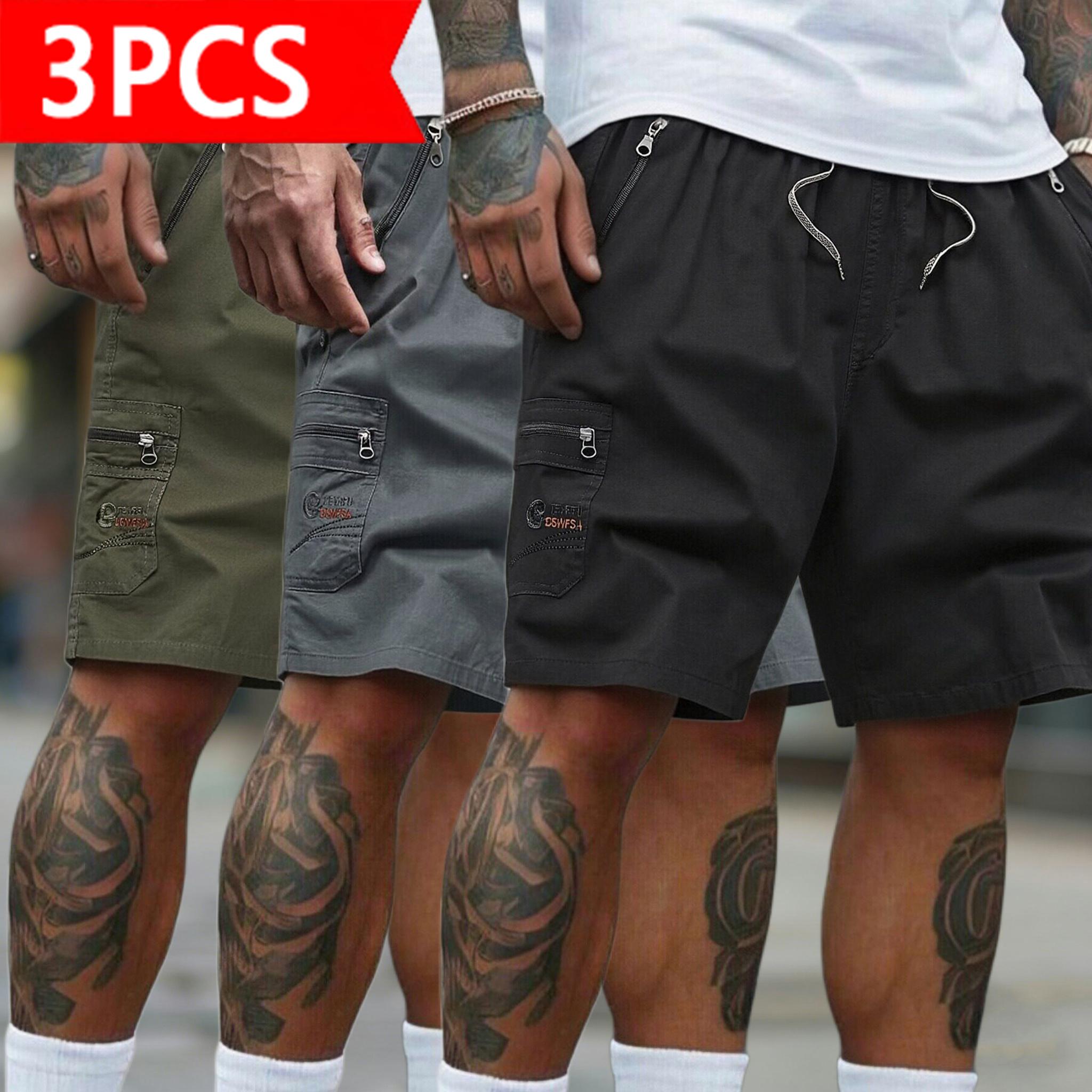 Men's 3-Pack Cargo Shorts | Casual Drawstring Elastic Waist Shorts with Zipper Pockets | Quick Dry Lightweight Streetwear for Summer, Beach, Daily Wear & Outdoor Activities, Menswear, Plain