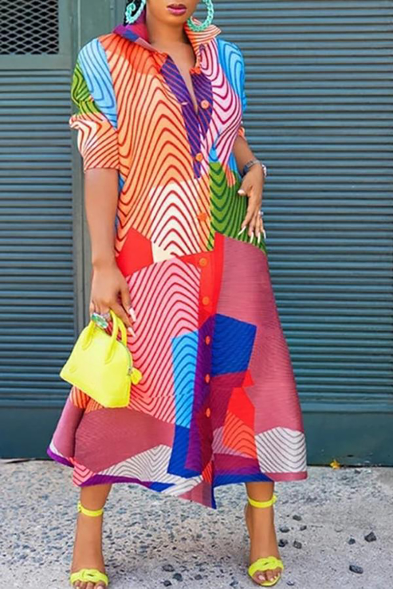 Plus Size Red Casual Half Sleeves Geometric Prints Stripe Colorblock Midi Dresses [Pre-Order]