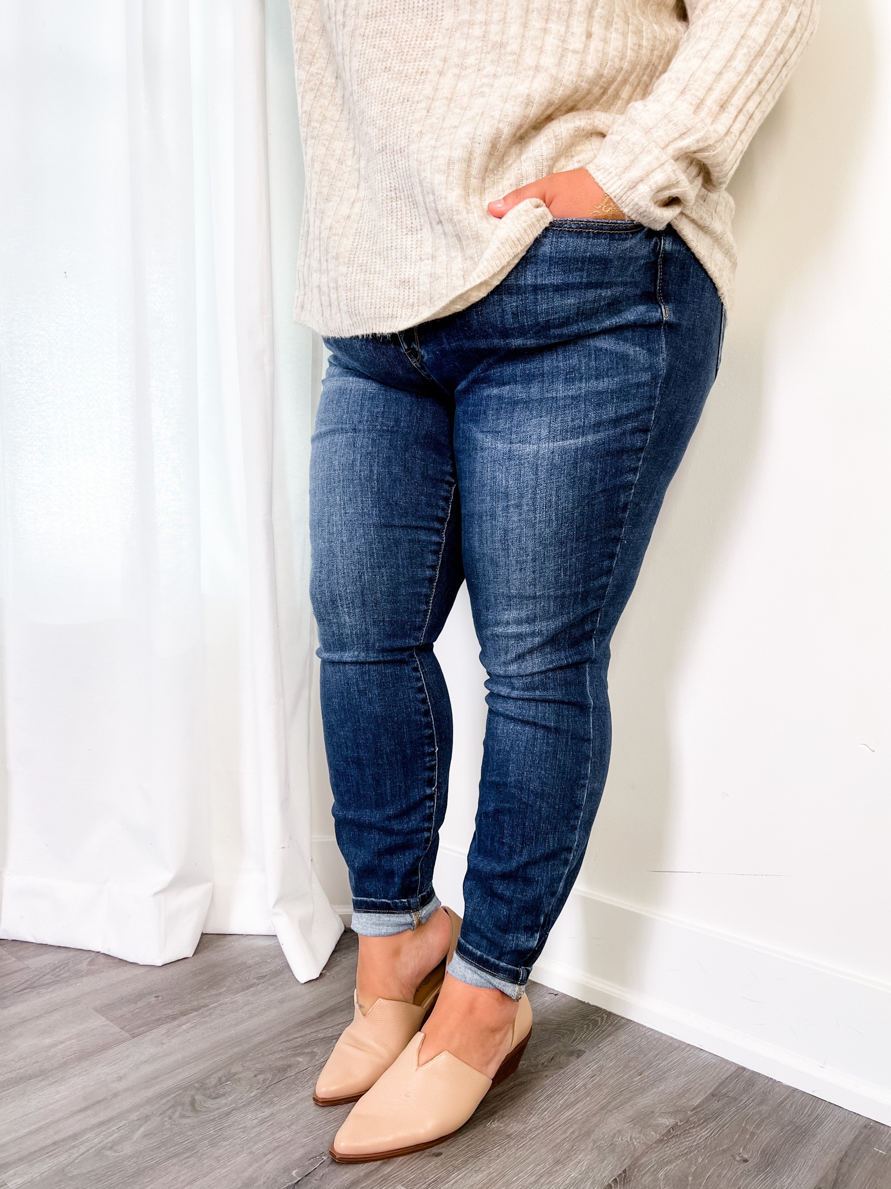   8 Days A Week  Medium Wash Mid Rise Skinny jeans with Handsanding