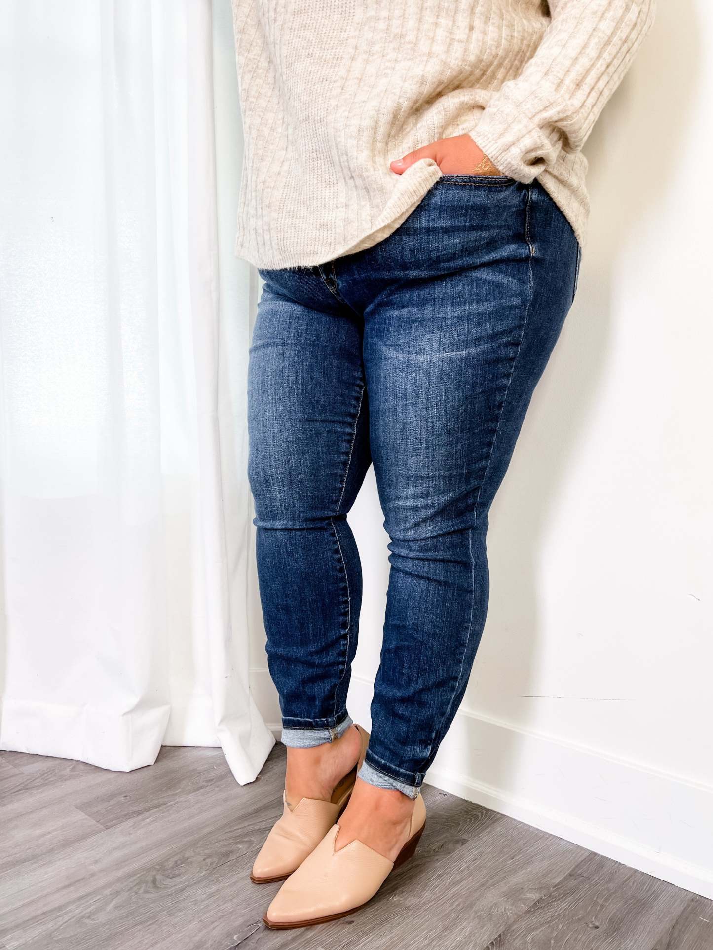   8 Days A Week  Medium Wash Mid Rise Skinny jeans with Handsanding