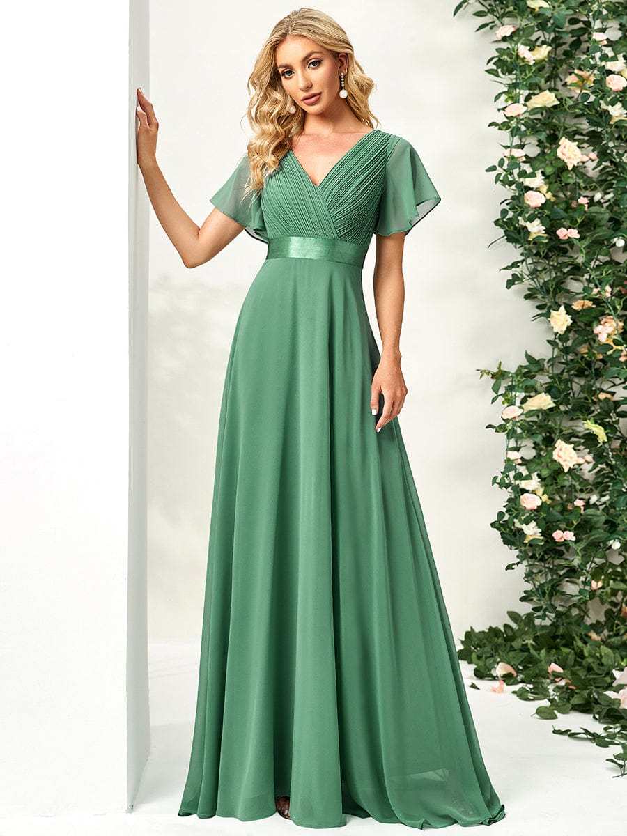 Long Chiffon Empire Waist Bridesmaid Dress with Short Flutter Sleeves
