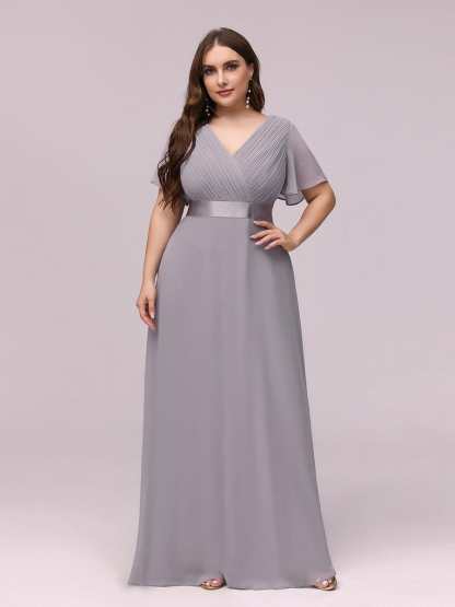 Long Chiffon Empire Waist Bridesmaid Dress with Short Flutter Sleeves