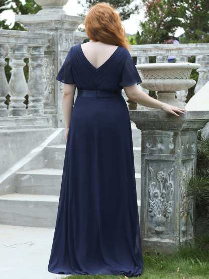 Long Chiffon Empire Waist Bridesmaid Dress with Short Flutter Sleeves