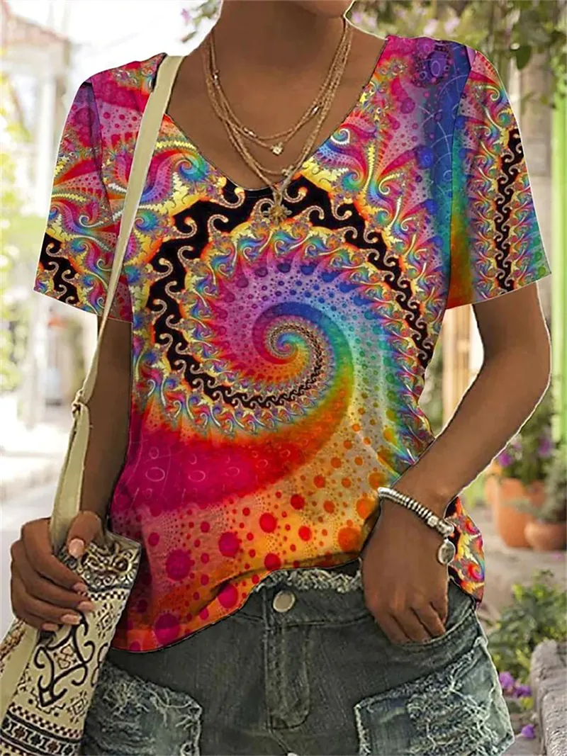 Women's T shirt Tee Yellow Red Blue Graphic Print Short Sleeve Daily Weekend Basic V Neck Regular Painting