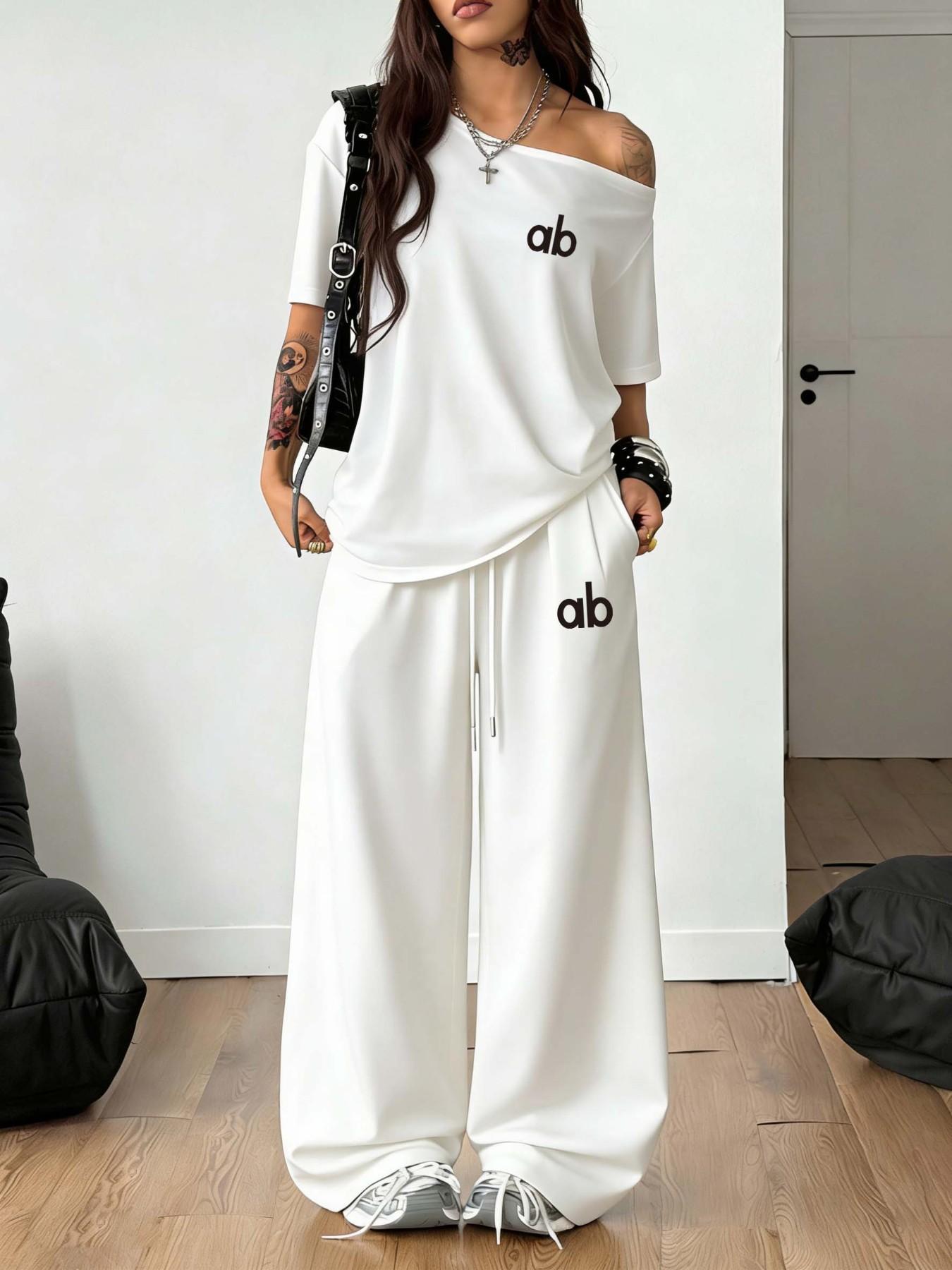 Women's Letter Print Off-Shoulder Oversized T-Shirt & Wide Leg Pants Two Piece Sets