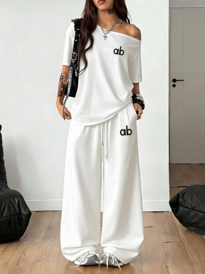 Women's Letter Print Off-Shoulder Oversized T-Shirt & Wide Leg Pants Two Piece Sets