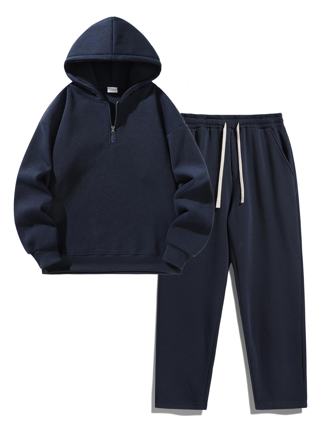 Men's Plain Two-piece Sweatsuit Set, Basic Regular Fit Casual Drop Shoulder Half Zip Zippers Long Sleeves Fitted Hoodie & Pocket Drawstring Elastic Sweatpants, Men's Clothing Men's Plain Two-piece Sweatsuit Set, Basic Regular Fit Casual Drop Shoulder Half Zip Zippers Long Sleeves Fitted Hoodie & Pocket Drawstring Elastic Sweatpants, Men's Clothing