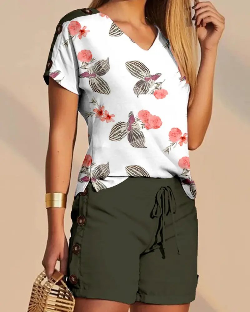 Tropical Print Buttoned T-shirt & Drawstring Shorts Set