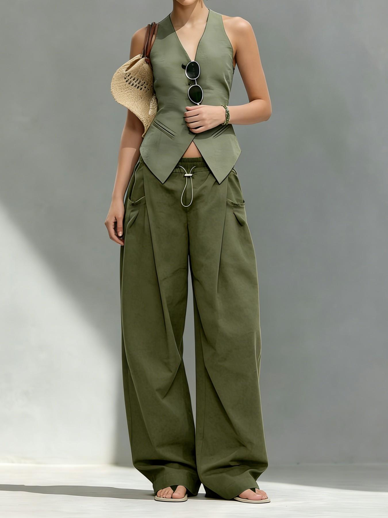 Hiphop Cool Girl Style Pleated Cuffed Lantern Pants, Casual Pocket Trousers, Loose Fit Drape Long Trousers, Casual Women's Fashion for Spring & Fall Hiphop Cool Girl Style Pleated Cuffed Lantern Pants, Casual Pocket Trousers, Loose Fit Drape Long Trousers, Casual Women's Fashion for Spring & Fall