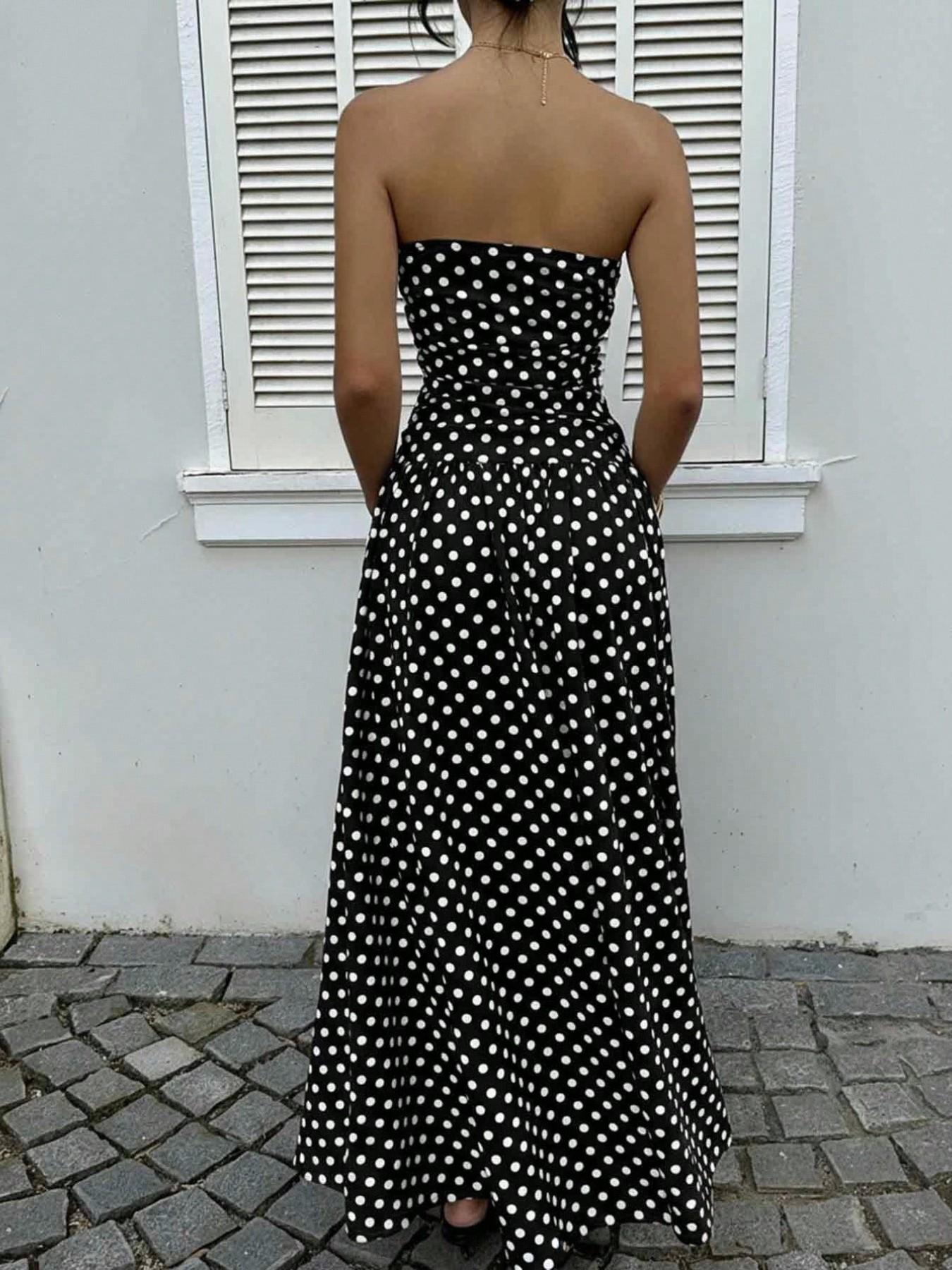 Women's Elegant Chic Fashion Polka Dot Strapless Dress, Stylish Sleeveless Maxi Dress for Parties and Casual Wear