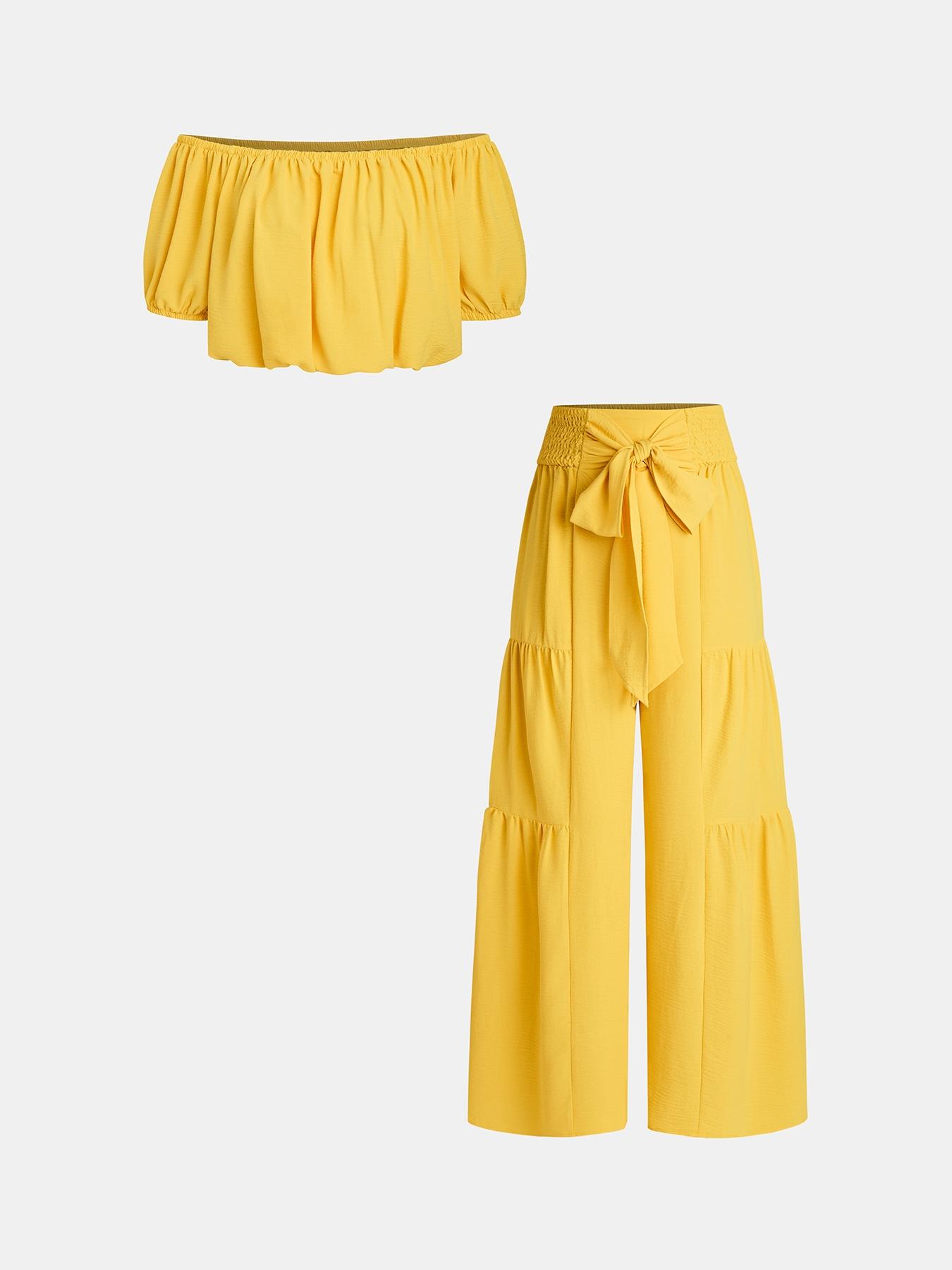 Summer Beach Vacation Bow Shoulderless Round Neck Shirt Wide Leg Pants Set, Casual Loose-Fitting, Women's Fashion, Womenswear