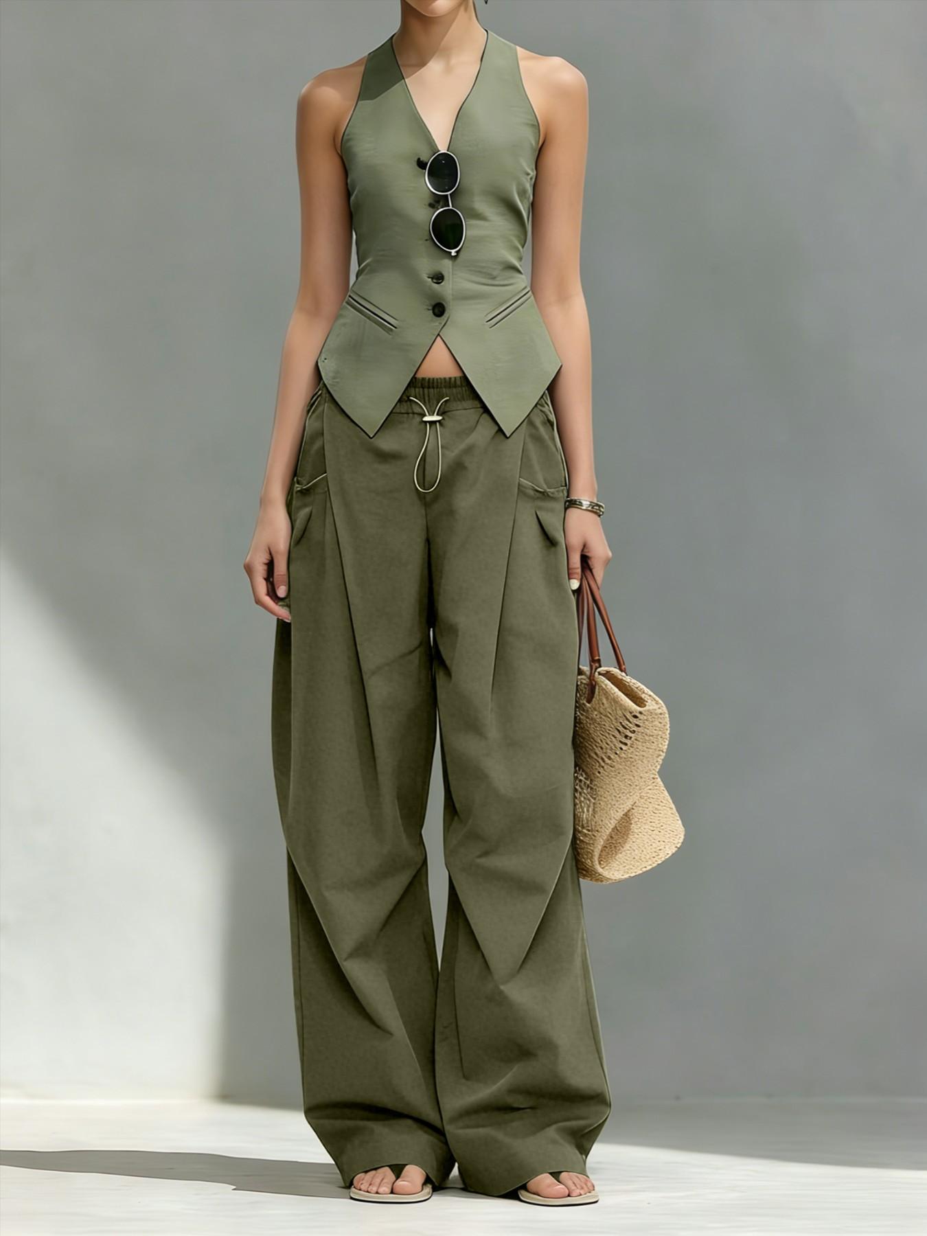 Hiphop Cool Girl Style Pleated Cuffed Lantern Pants, Casual Pocket Trousers, Loose Fit Drape Long Trousers, Casual Women's Fashion for Spring & Fall Hiphop Cool Girl Style Pleated Cuffed Lantern Pants, Casual Pocket Trousers, Loose Fit Drape Long Trousers, Casual Women's Fashion for Spring & Fall