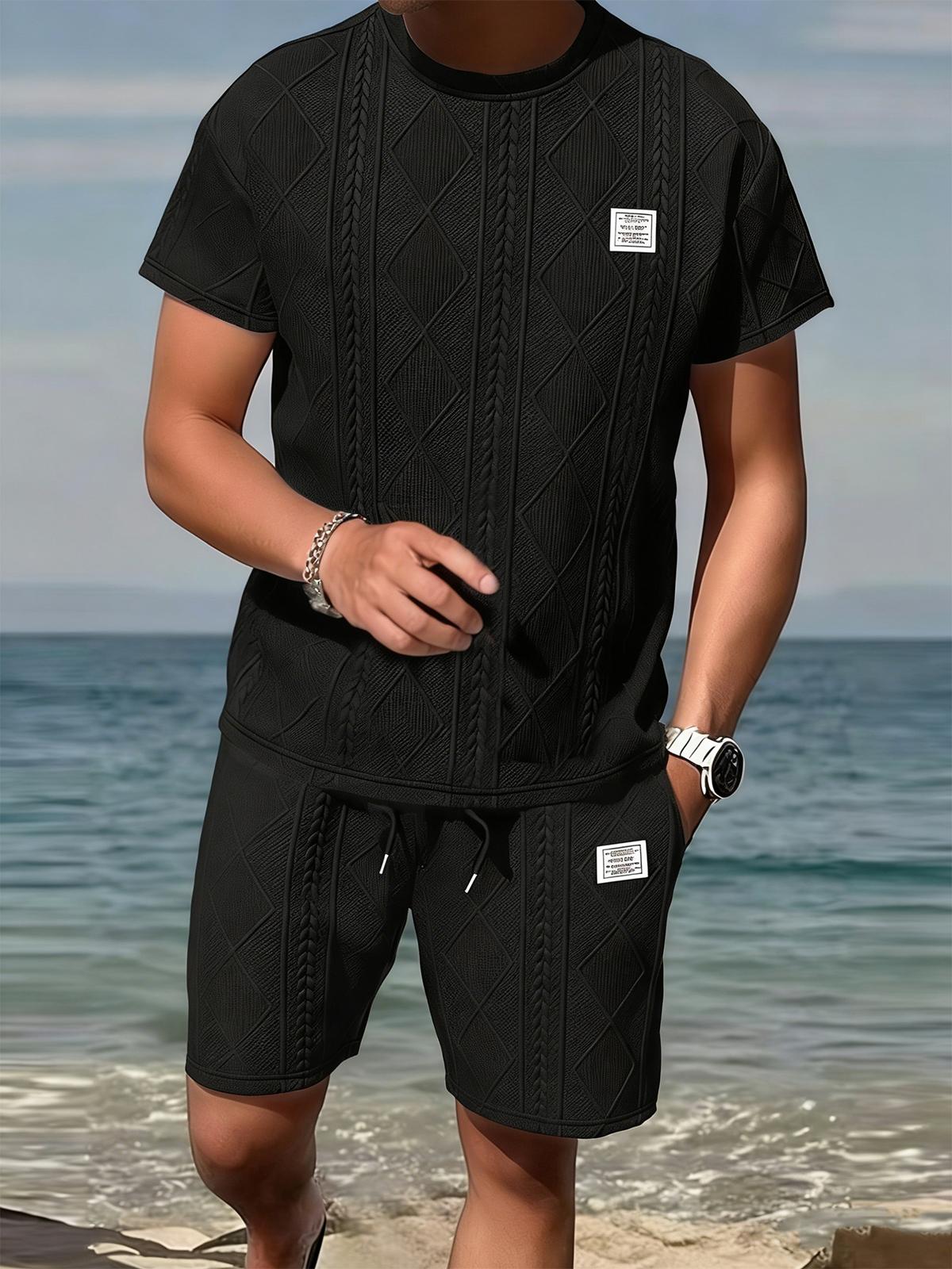 Men's Summer Casual Sports Suit 2-Piece texture Set Jacquard Texture Fabric Breathable Round Neck T-Shirt & Shorts Formal Tropical Man Top Suits Menswear Clothes Crewneck Shortsleeve  Suitable for daily leisure running tiktok shop deals gifts for him Spri