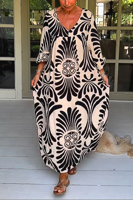 V Neck Retro Geometric Pattern Ring Loose Casual Dress