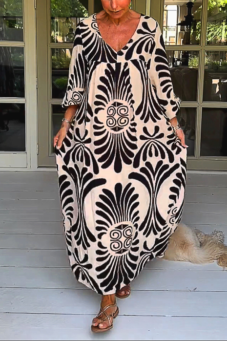 V Neck Retro Geometric Pattern Ring Loose Casual Dress