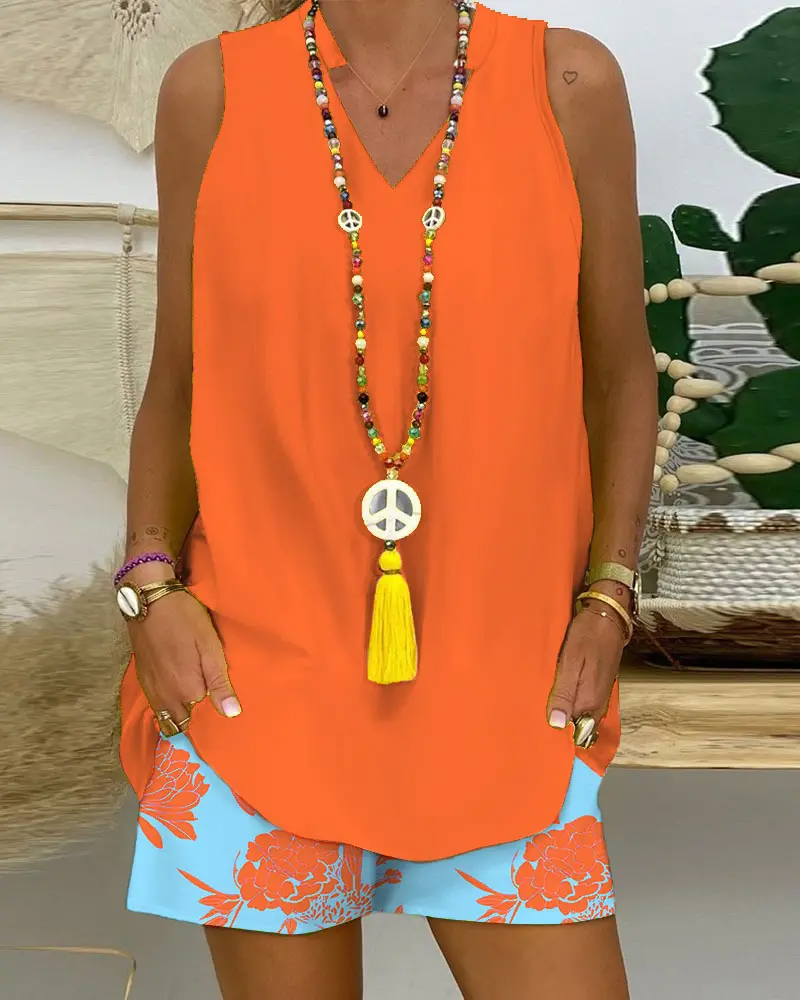 Notch Neck Sleeveless Top & Plants Print Shorts Set