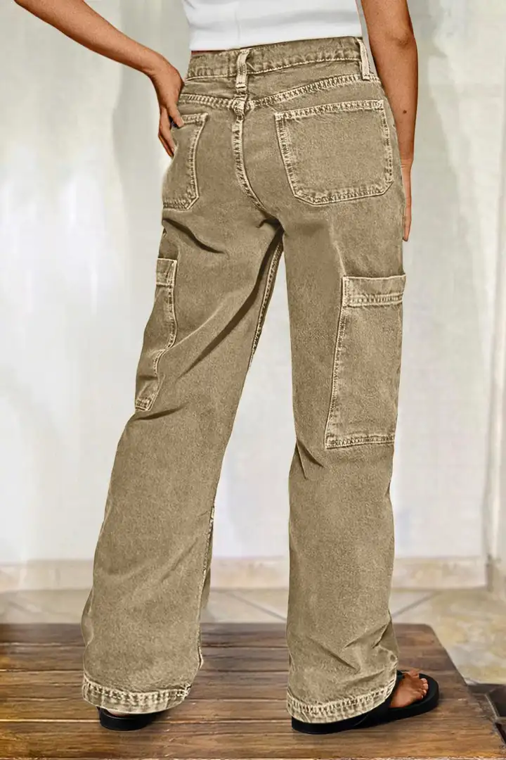 Women's Button Detail Mid Waist Straight Leg Cargo Pants Without Belt