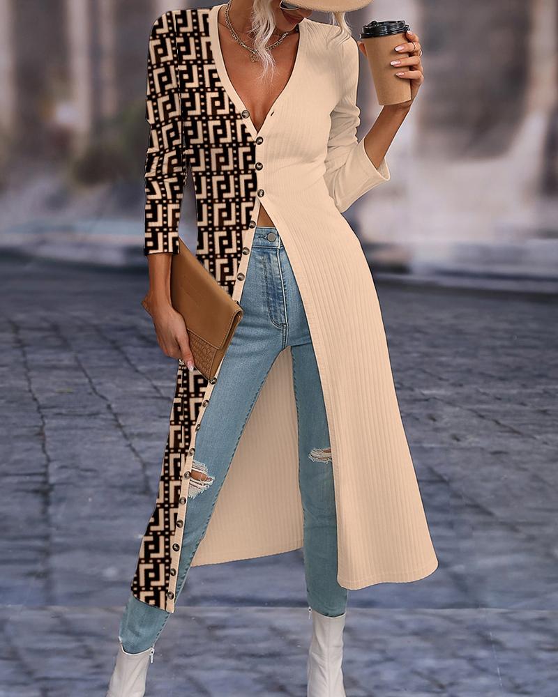Striped Colorblock Open Front Longline Ribbed Coat