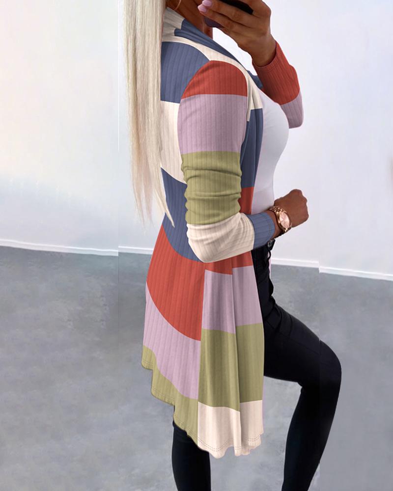 Abstract Print Open Front Long Sleeve Coat