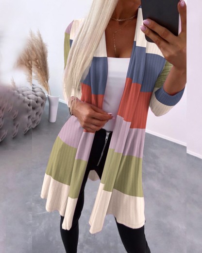 Abstract Print Open Front Long Sleeve Coat