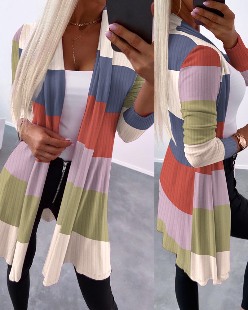 Abstract Print Open Front Long Sleeve Coat