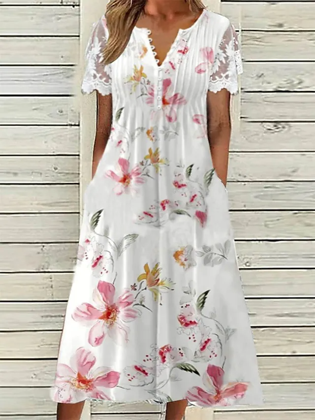 Casual Round Neck Pocket Short Sleeve Printed Dress