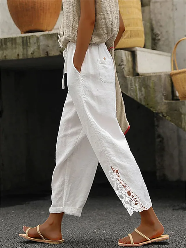 Women's Pants Trousers Faux Linen Light Blue Black White Fashion Casual Daily Side Pockets Ankle-Length Comfort Plain 