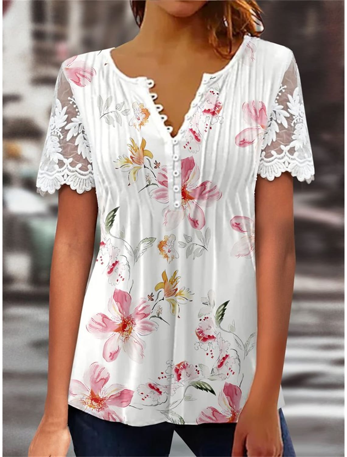 Women's Shirt Blouse White Light Green Pink Floral Lace Button Short Sleeve Casual Holiday Basic Round Neck Regular Floral