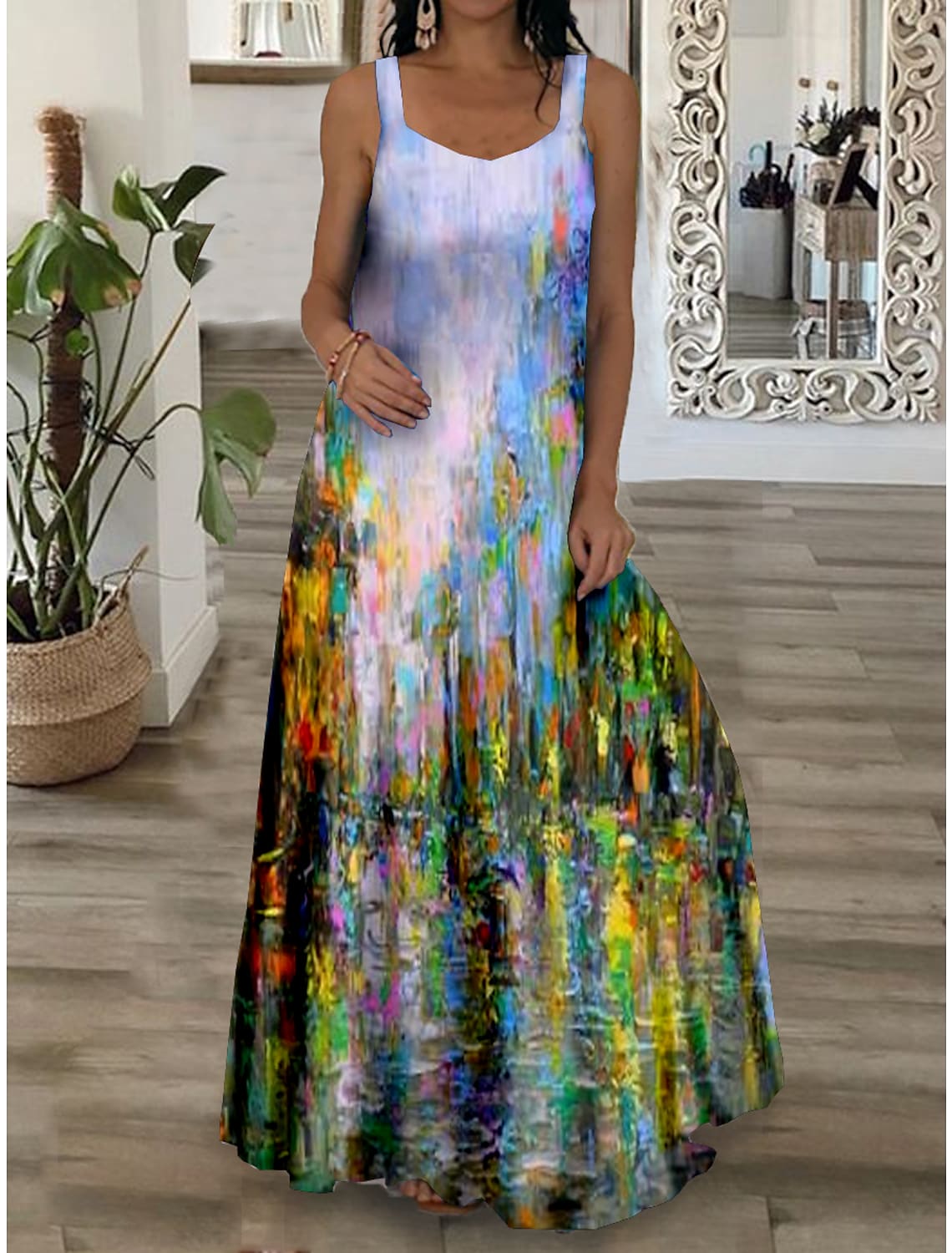 Women's Long Dress Maxi Dress Swing Dress Summer Dress Slip Dress Oil Painting Fashion Romantic Vacation Weekend Spring Dress Print Sleeveless Strap Dress Regular Fit Yellow Blue Purple Spring Summer