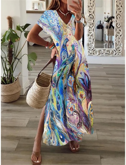 Women's Long Dress Maxi Dress Casual Dress A Line Dress Print Dress Peacock Fashion Streetwear Daily Date Vacation Split Print Short Sleeve V Neck Dress Regular Fit Blue Orange Spring Summer