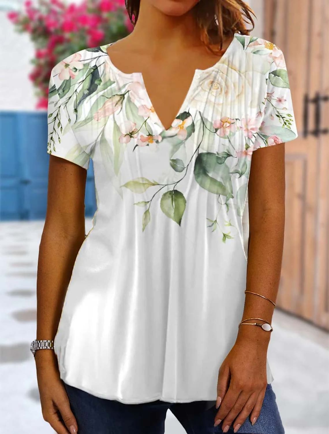 Women's T shirt Tee White Floral Print Short Sleeve Holiday Weekend Basic Round Neck Regular Floral