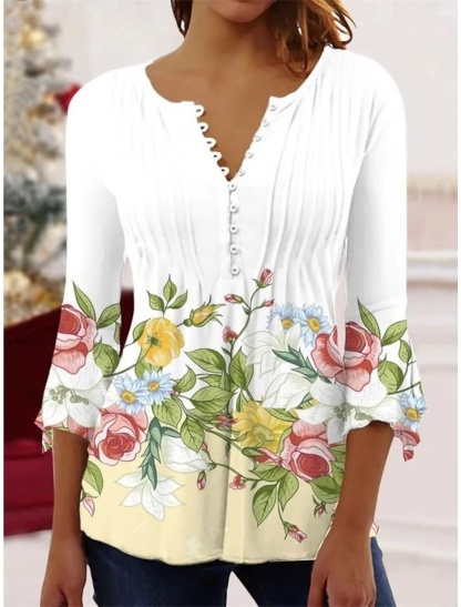 Women's Shirt Blouse White Light Green Pink Floral Button Print 3/4 Length Sleeve Holiday Weekend Basic Round Neck Regular Floral