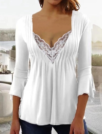 Women's Shirt Blouse White Purple Gray Plain Lace 3/4 Length Sleeve Casual Basic V Neck Regular 