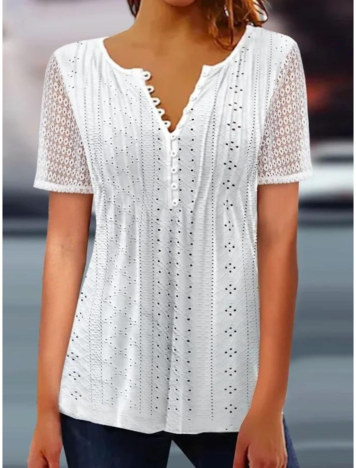 Women's Shirt Blouse Black White Plain Lace Button Short Sleeve Casual Basic Round Neck Regular