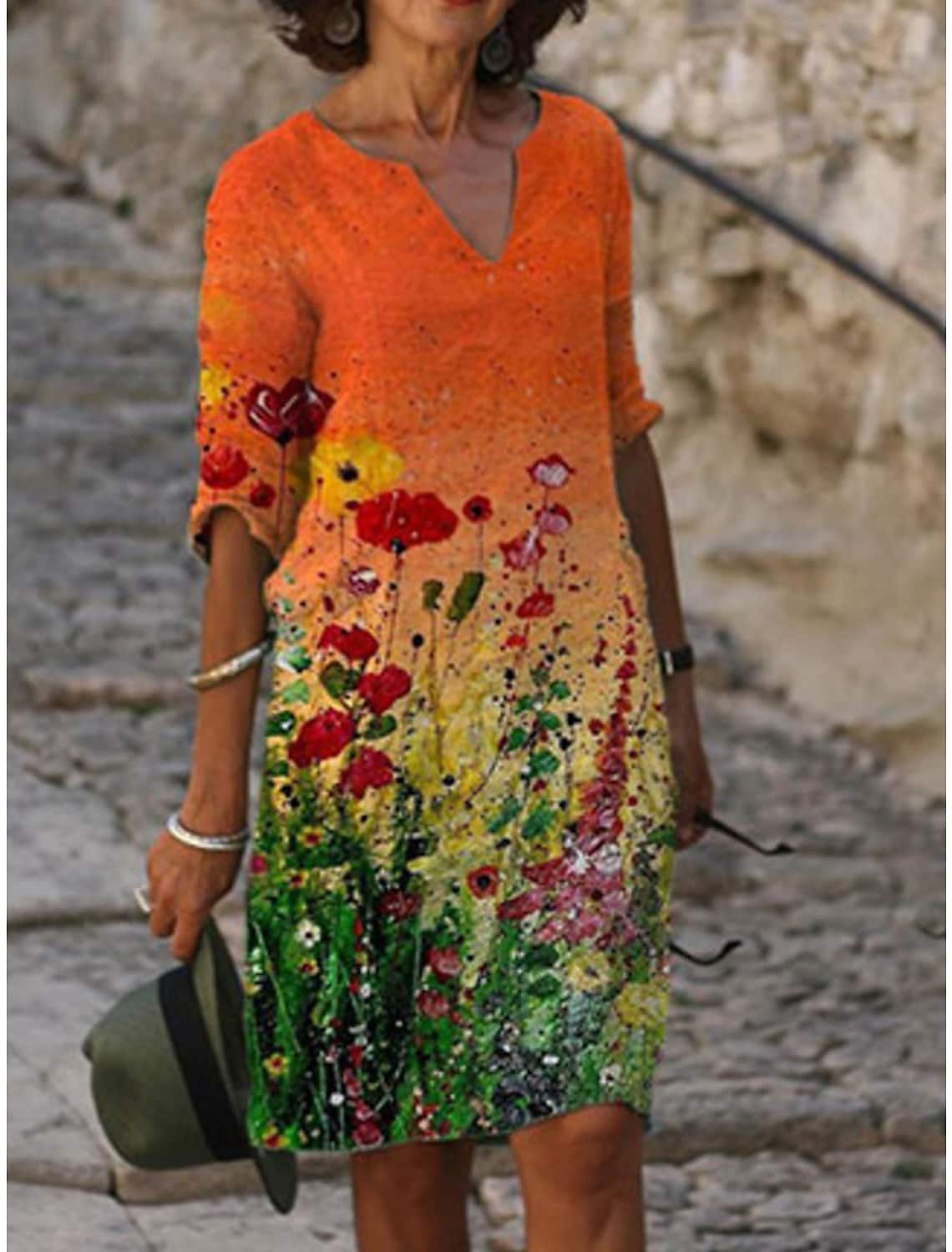 Women's Casual Dress Shift Dress Floral Print V Neck Midi Dress Active Fashion Outdoor Daily 3/4 Length Sleeve Loose Fit 